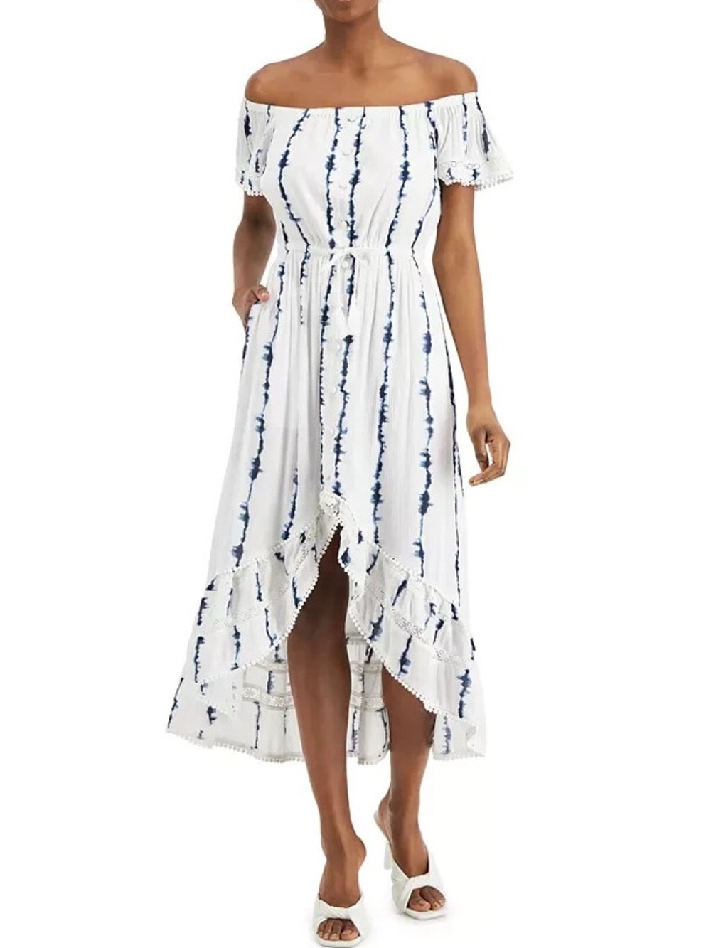 INC Tie Dye Off Shoulder Ruffle Hi Low Midi Dress White Blue Resort Tropical